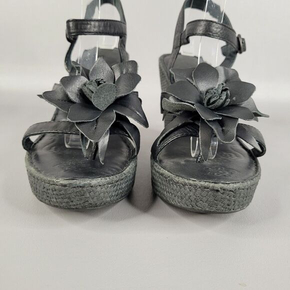 Born Womens Black Leather Flower Wedge Platform Leather Strappy Sandals Size 9 - Picture 5 of 12